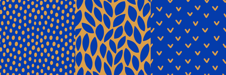 Hand Drawn Seamless Patterns Set. Abstract Vector Background in Contemporary Style. Polka Dot, Check Mark and Leaves