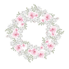 Beautiful watercolor wreath  with roses  flowers, gypsophila and leaves.