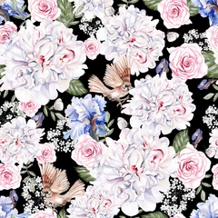 Foto op Aluminium Beautiful watercolor seamless pattern with roses and iris flowers, bidrs. © knopazyzy