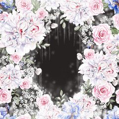 Beautiful watercolor card with roses and iris flowers.