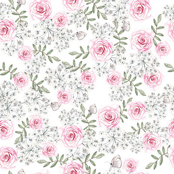 Beautiful watercolor seamless pattern with roses flowers and leaves.