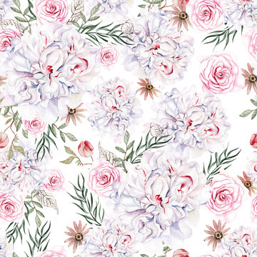 Beautiful watercolor seamless pattern with roses and peony flowers.