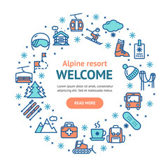 Alpine Resort Welcome Round Design Template Contour Lines Icon Concept. Vector