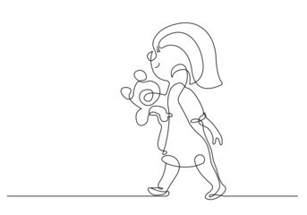 Little Girl with Teddy Bear Continuous Line Drawing. Girl One Line Drawing Minimalist Style Illustration. Vector EPS 10.