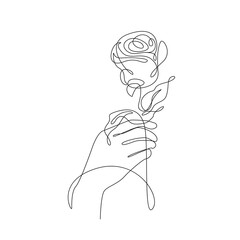 Hand with Flower Rose Line Drawing. Continuous Line of Simple Flower Illustration. Floral Hand Contemporary Botanical Drawing for Minimalist Covers, t-Shirt Print, Postcard, Banner etc. Vector EPS 10.