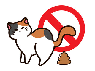 うんちをする三毛猫と禁止マーク