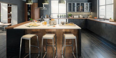 Luxury Penthouse Loft Kitchen  - panoramic 3D Visualization