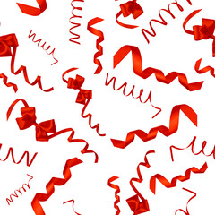 Christmas and Happy New Year seamless pattern. Red decorative ribbons and bows isolated on white. Winter holiday background, festive ornaments.