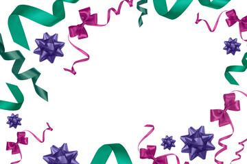 Merry Christmas greeting card. Holiday ornament frame with copy space. Festive design for invitations with place for text. Pink, green, violet satin ribbons and bows isolated on white.