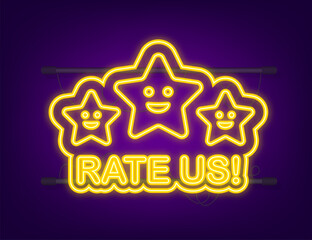 Rating stars. Flat design. User reviews, rating, classification concept. Neon icon. Enjoying the app. Rate us. Vector illustration.