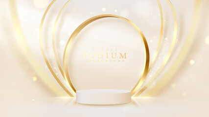 Product podium on golden circle with blurred curve line and bokeh arounds elements, Luxury cream color backdrop, Realistic 3d design.