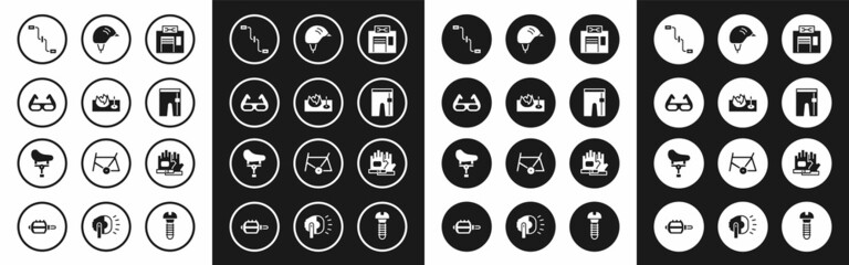 Set Bicycle repair service, on street ramp, Sport cycling sunglasses, pedals, Cycling shorts, helmet, Gloves and seat icon. Vector