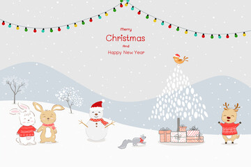 Merry Christmas and Happy new year greeting card with cute animals happy on winter