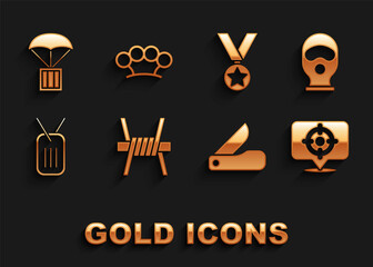 Set Barbed wire, Balaclava, Target sport, Swiss army knife, Military dog tag, reward medal, Airdrop box and Brass knuckles icon. Vector