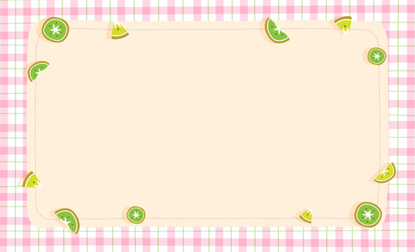 Cute Ornament Element Kiwi Pastel Pink Gingham Pattern Paper Background Frame Border. Blank note Vector Illustration. Editable Stroke.