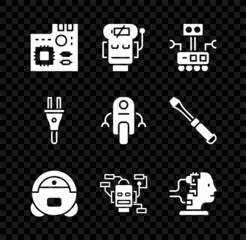 Set Motherboard digital chip, Robot low battery charge, vacuum cleaner, for maintenance, Electric plug and icon. Vector