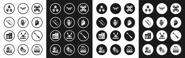 Fototapeta premium Set Drone, Robot, Soldering iron, Artificial intelligence, Smart glasses, Screwdriver and Motherboard digital chip icon. Vector