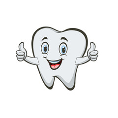 Cartoon tooth thumb up, banner for pediatric dentistry