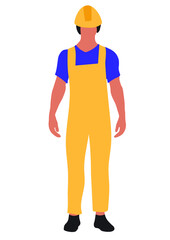 Builder man or engineer standing  in professional uniform, helmet and dungarees. Repair service, laborer or constructor work. Flat vector cartoon illustration isolated on white background.