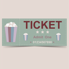 Cinema ticket with popcorn in Nude colors, flat drawing