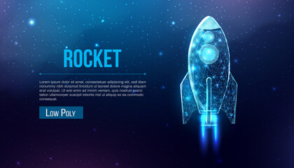 Rocket launch, wireframe polygonal style. Internet technology network, business startup concept with glowing low poly rocket. Futuristic modern abstract background. Vector illustration.