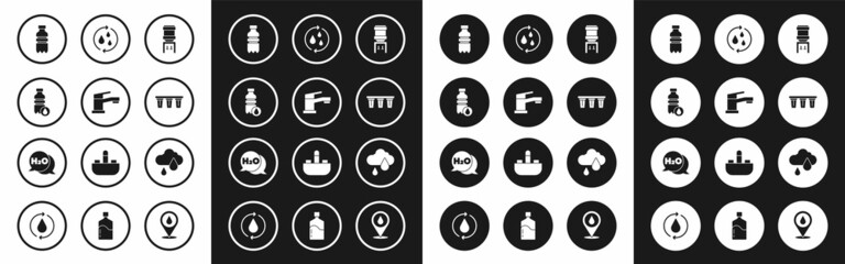Fototapeta premium Set Water cooler, tap, Bottle of water, filter, Recycle clean aqua, Cloud with rain and Chemical formula for H2O icon. Vector
