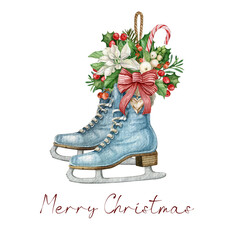 Vintage Christmas blue ice skates,watercolor floral sketes,winter Holiday essentials,rustic ice skates decor ,traditional xmas,winter poinsettia bouquet,candy cane, white and red berries, holly leaves