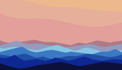 Abstract landscape. Beautiful mountains and sky or sea waves. Landscape background in banner style. Colorful geometric template with wavy shape. Minimalist art print, nature wall decor. Vector.
