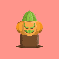Halloween cactus with pumpkin monster style