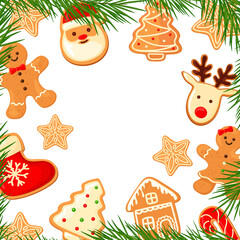 banner of pine branches and gingerbread. cartoon style