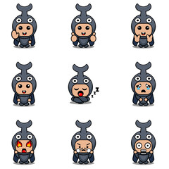 mascot costume expression bundle set horned beetle cartoon character vector illustration
