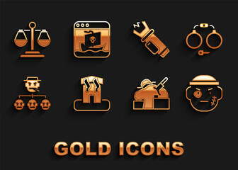 Set Arson home, Handcuffs, Bandit, Murder, Mafia, Police electric shocker, Scales of justice and Internet piracy icon. Vector