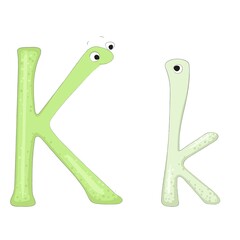 Capital and lowercase letters Kk from the English alphabet in the form of funny and cute cartoon characters of an adult and a baby. Pastel green colors. Vector illustration