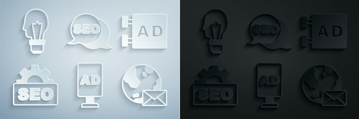 Set Advertising, SEO optimization, Earth globe with mail, and Light bulb concept of idea icon. Vector