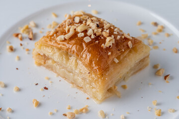 Turkish baklava with hazelnuts on a white porcelain plate