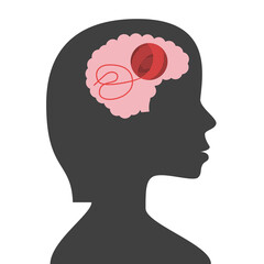 Ball of thread or yarn inside brain. Knitting, crocheting, mind, thinking, mental disorder and intelligence concept. Flat design. Vector illustration. EPS 8, no gradients, no transparency