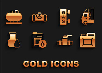 Set Canister for motor oil, Gas tank vehicle, Metallic pipes and valve, Oil petrol test tube, filling station, storage and icon. Vector