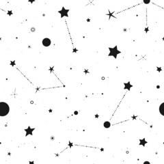 Seamless pattern with constellations, planet and stars on white background.