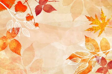 Autumn background watercolor painting, leaves in red yellow and white abstract minimal outline design, painted fall leaves and floral design elements on border texture. Wedding invites, thanksgiving - 462364769