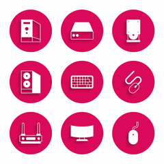 Set Keyboard, Computer monitor screen, mouse, Router and wi-fi signal, Case of computer, Optical disc drive and icon. Vector