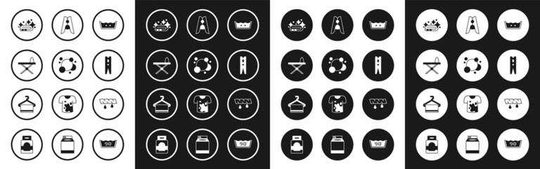 Fototapeta premium Set Temperature wash, Soap water bubbles, Iron and ironing board, Towel stack, Clothes pin, Squeeze clothes and hanger icon. Vector