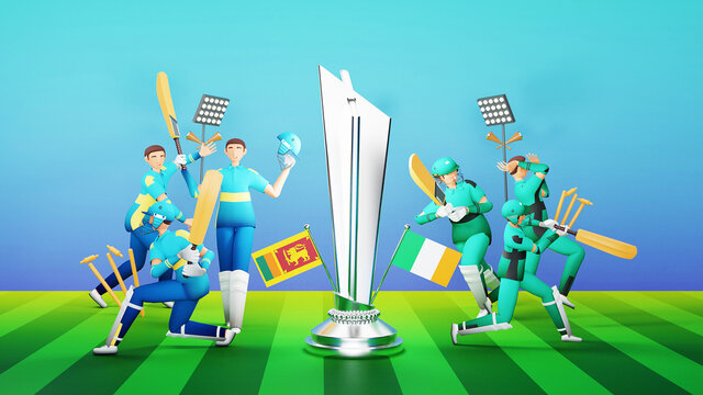 3D Participating Cricket Team Players Of Sri Lanka VS Ireland With Silver Winning Trophy And Tournament Equipment On Green And Blue Background.