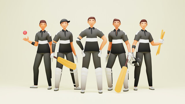 3D Render Of New Zealand Cricket Team Player With Tournament Equipment On Yellow Background.