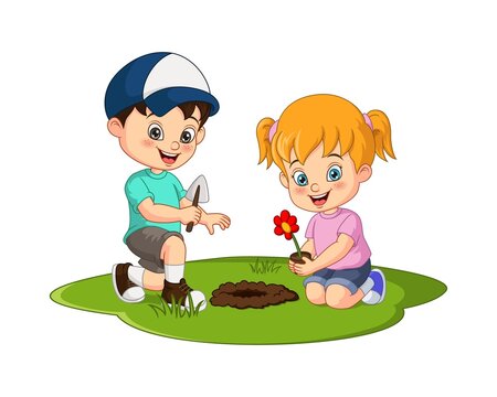 Cute little kids planting flower plant in the garden