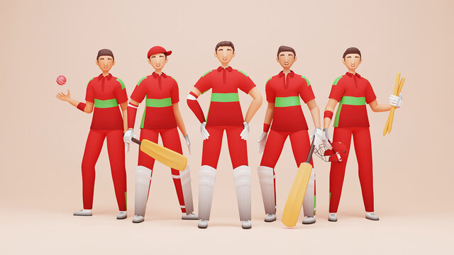 Oman Cricket Team Players With Tournament Equipment In 3D Render.
