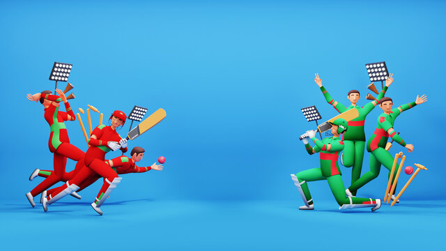 3D Participating Cricket Team Of Oman VS Bangladesh With Tournament Equipment And Copy Space On Blue Background.