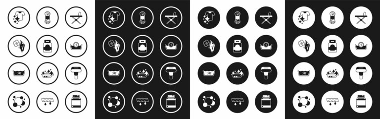 Set Iron and ironing board, Laundry detergent, Electric, Drying clothes, Time wash, Yarn, Garment steamer and Temperature icon. Vector