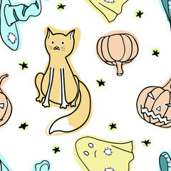 Hat, cat, pumpkin, ghost. Drawings for Halloween. Vector seamless pattern.
