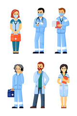 Ambulance doctors and nurses set. Medical specialists in blue uniforms with masks and gowns emergency resuscitation therapy service on call emergency assistance to victims. Cartoon vector healthcare.