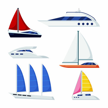 Luxury yachts and sailboats set. Colorful ships with creative bright design for world regatta and elite sailing of wealthy sea going fast frigates and schooners. Vector cartoon travel.